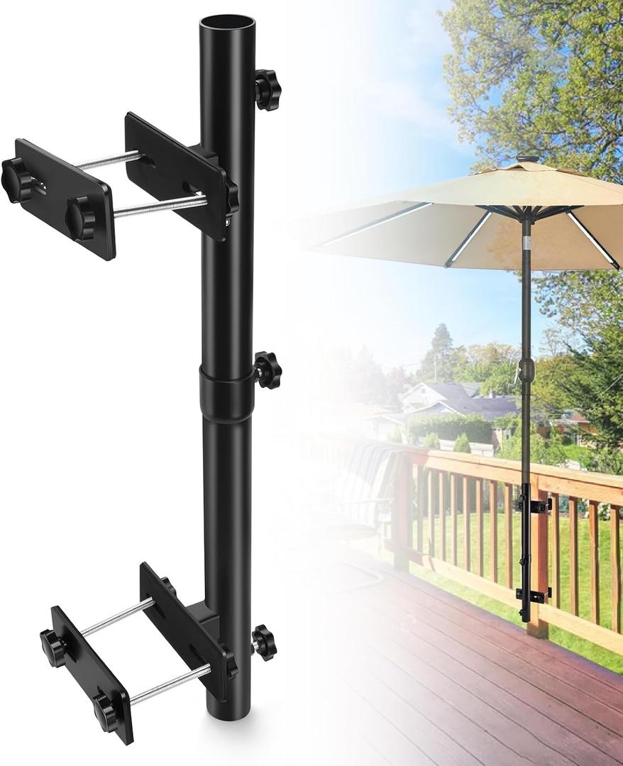 ZZM Patio Umbrella Holder for Deck Railing, Adjustable Deck Umbrella Mount Outdoor, Attachable to Railing Mounting Brackets - Upgraded 3 Screws to Secure Umbrella Handle, Maximizes Deck Space (Dark)
