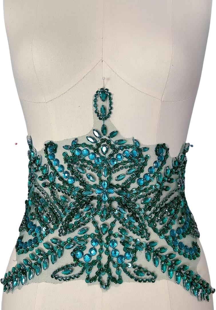 Handmade Beaded Waist Decoration Patches - Removable Rhinestone Appliques for Clothing, Belts, DIY Costume Accessories (Deep Green)