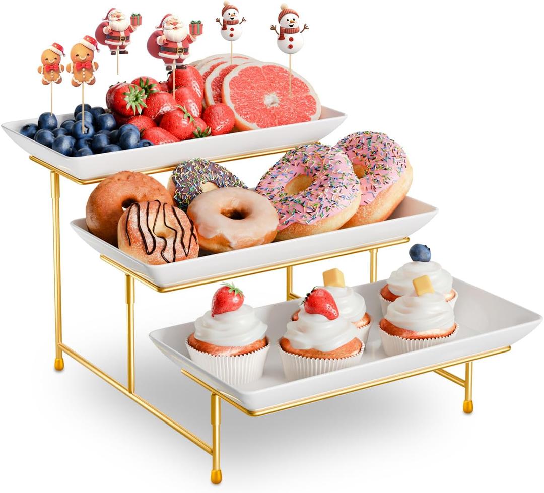 3 Tier Plastic Serving Tray for Party, 11.5" x 5.6" Platters for Serving Food, Microwave-Safe, White Reusable Trays with Black Metal Display Stand for Cupcakes, Dessert, Fruit, Cookie, Gold (11.8" x 5.7")