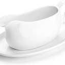 Nucookery Large 17 Oz Gravy Boat with Saucer, White Fine Porcelain Saucier With Big Dripless Lip Spout, Bowl For Thanksgiving, Warming Sauces, Salad Dressings, Milk, More, Microwave & Freezer Safe