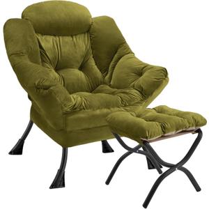 Lazy Chair with Folding Ottoman Modern Large Accent Chair,Contemporary Lounge Leisure Sofa Chair with Armrests Upholstered Sofa Armchair Reading Chair for Bedroom,Dorm & Office(Green-f)