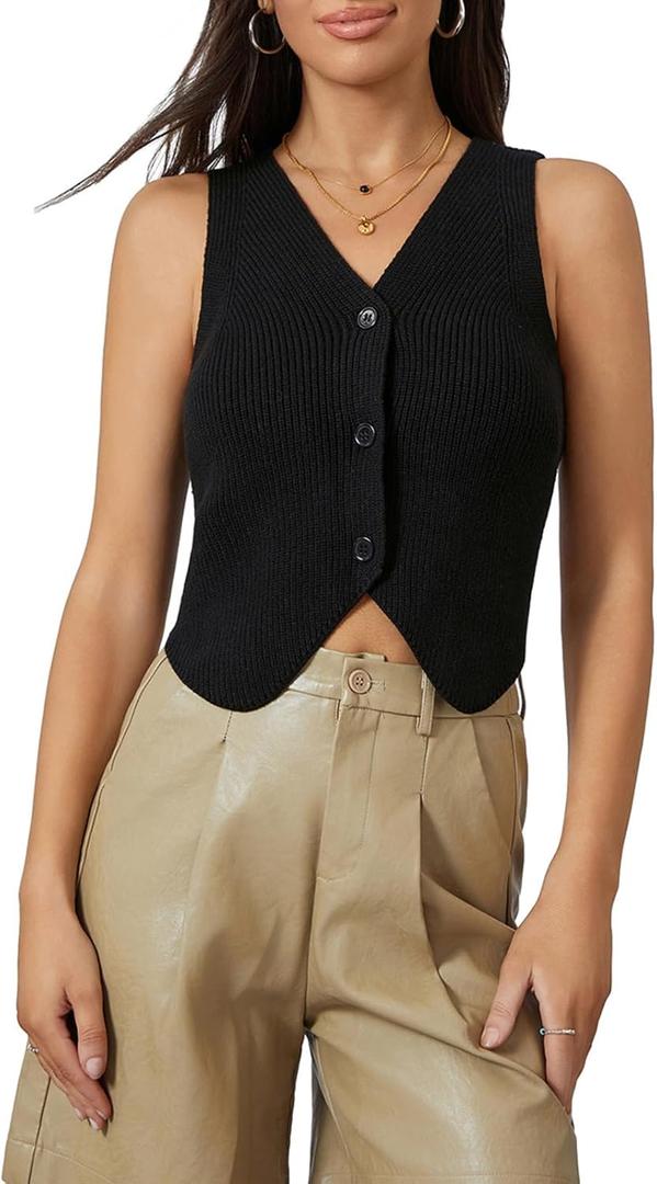 Women's Sweater Vest Sleeveless V-Neck Knitted Button Down Crop Top Spring Summer Casual Trendy Going Out Top Outfit (Large, Black)