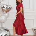 BeryLove Women Sequin Formal Party Dress Flutter Short Sleeve Wedding Cocktail Long Evening Dress (Red, M)