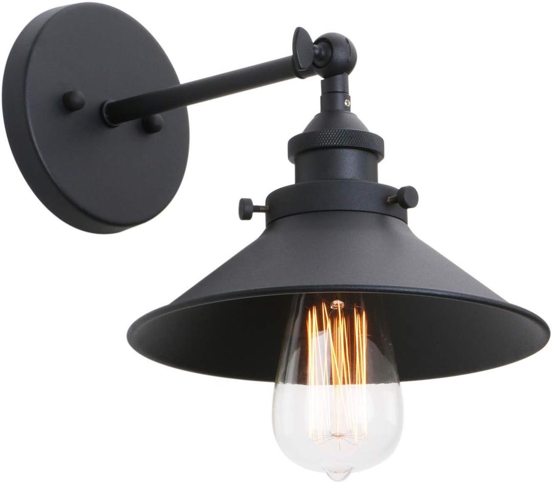 Phansthy Industrial Wall Sconce Light 8.1 Inches Metal Lampshade Vintage Style 1-Light Wall Light 180 Degree Adjustable Lighting Direction (Black)