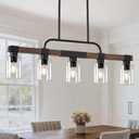 Farmhouse Dining Room Light Fixtures Over Table Rustic Ceiling Pendant Lights Kitchen Island5-Light Wood Kitchen Island Lighting Linear Chandelier with Clear Glass lampshade