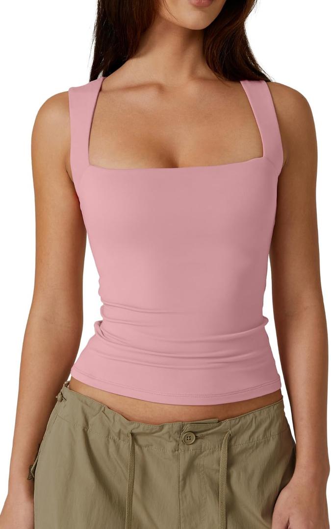 QINSEN Women's Square Neck Sleeveless Double-Layer Tank Tops Basic Tight T Shirts (Pink, S)
