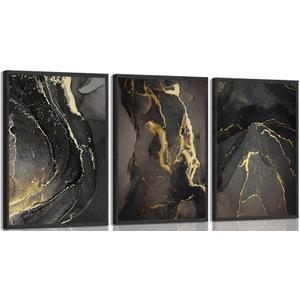 Kyiyhzp 3Pcs Abstract Black Gold Wall Art Modern Minimalist Wall Decor Prints Black gold grey pictures Marble painting artwork for Living Room Bedroom Office Home Decoration 16x24in Poster