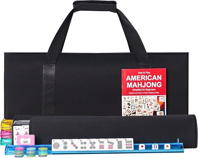 American Mahjong Game Set, 166 Premium White Tiles, 4 All-in-One Color Rack/Pushers, Classic Complete Mahjong Tile Set with Black Carrying Bag