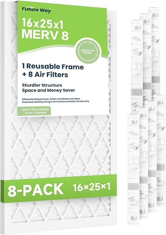 Future Way 16x25x1 Air Filters, 8-Pack with Reusable Frame, MERV 8, MPR 700 AC Furnace Filters, Space Saving & Cost-effective