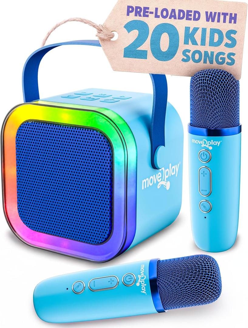 Move2Play, Mini Karaoke Machine for Kids | Built-in 20+ Songs | Bluetooth Speaker with Microphones | Voice Effects | Toddler Music Toy | Christmas Stocking Stuffer | Girls & Boys Age 2, 3, 4, 5, 6+
