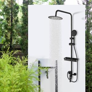 Matte Black Exposed Shower System 8 Inch Rainfall Shower Head 3 Functions Wall Mounted Outdoor Shower Fixtures Stainless Steel Bathroom Shower Set with Shower Shelf