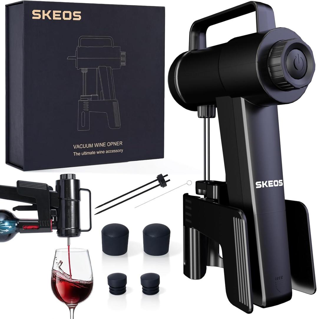 SKEOS Electric Wine Opener, Needle Piercing Vacuum Wine Bottle Opener for Smooth Extraction, No Cork Damage, Vacuum Seal Freshness, Perfect for Wine Lovers, Black