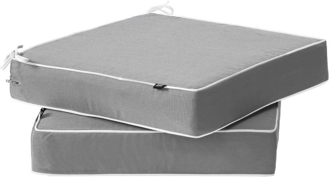 PNP FKJP 2 Pack Outdoor Chair Cushion 20" X 20" X 4", Waterproof Outdoor Seat Cushions with Non-Skid Ties,Grey (Cushion + Cover)