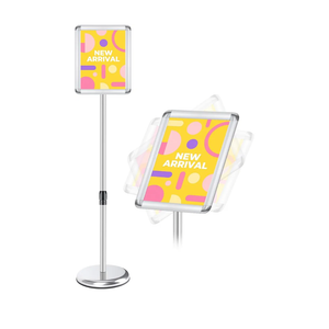 RedChili Sign Holder Stand 8.5x11 Inch, Floor Standing Sign Holder With Rotated Snap-Open Aluminum Frame, Angle Height Adjustable Signage Stand with Round Base for Advertising Poster (Silver, Round Corner)
