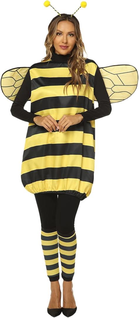 Lizxun Halloween Bee Cosplay Costume Set for Women Girls Bee Dress with Wings Headband Leg Sleeves for Party Dress Up (Small, Yellow)