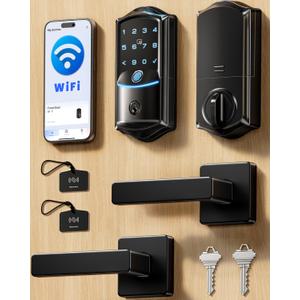 Veise VE027-L Built-in WiFi Smart Lock with Handles, Fingerprint keyless Entry Door Lock Set, App Remote & Voice Control, Electronic Deadbolt for Front Door, Touchscreen Keypad, Auto Lock, Matte Black