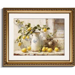 InSimSea Gold Framed Wall Art, Yellow Lemon Vintage Kitchen Wall Shelf Decor, Still Life Canvas Print Art, Dining Room Home Farmhouse Decor, Antique Paintings with Picture Frame 13x16inch