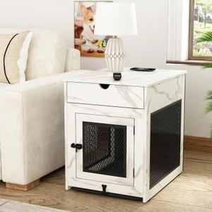Piskyet Dog Crate Furniture,Wooden Dog Crate End Table with Storage Drawer&Cushion&Tray, QC3.0 Wireless Charging,Dual USB,Small Dogs Marble White