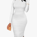 BEAGIMEG Women's Ruched Long Sleeve Elegant Bodycon Basic Casual Midi Dress, L