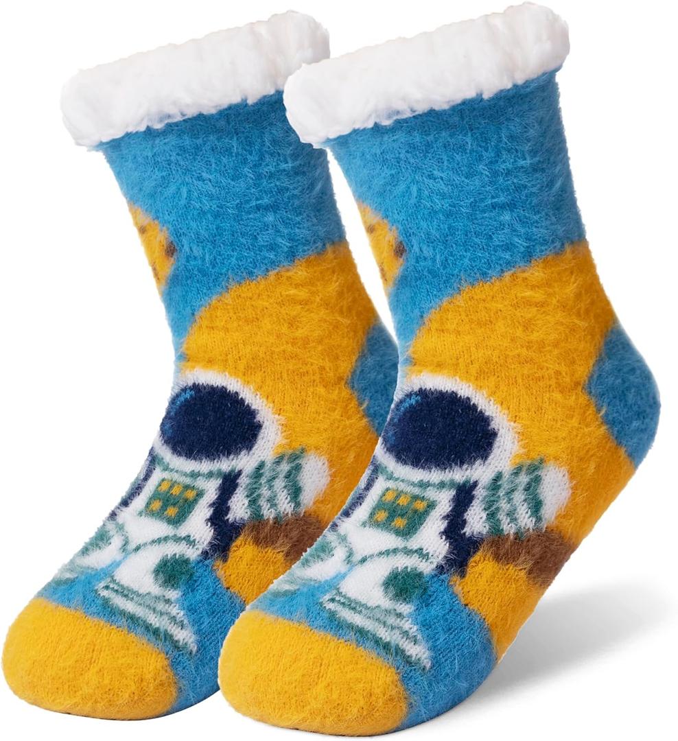 Kids Boys Fuzzy Slipper Socks Winter Soft Warm Thick Fleece Lined Plush Children Non Slip Home Socks (Blue)