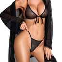 RSLOVE Women Sexy Lingerie Set - 3 Piece Bra and Panty Sets with Lace Kimono Robe Sheer Sleepwear Mesh Nightgown (Small, Black)