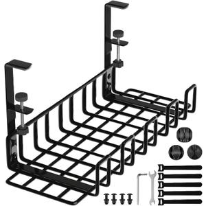 Under Desk Cable Management Tray, 16 No Drill Cord Organizer with Clamps for Wire Management, 4mm Sturdy Wire Desk Cable Organizer Tray, Cable Management Rack for Office