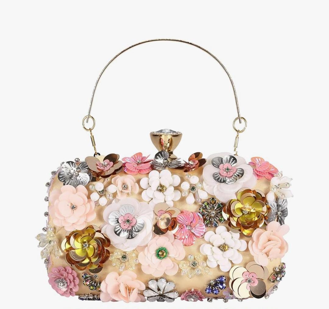 Selighting Colorful Flower Clutch Purse for Women Formal Evening Bag Beaded Pearl Purse for Wedding Prom Party Handbags