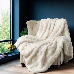 Wajade Fluffy Faux Fur Throw Blanket for Couch Bed 50x60, Luxury Soft Thick Fuzzy Plush Bubble Blanket, Warm Cozy Blanket for Sofa Chair, Ivory White