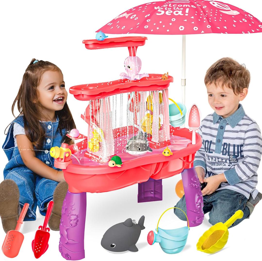 BELLOCHIDDO Water and Sand Table with Water Pumb & Umbrella - Summer Toys 3-Tier Kids Water Play Table, Outdoor Beach Toys with Cute Accessories (Pink)