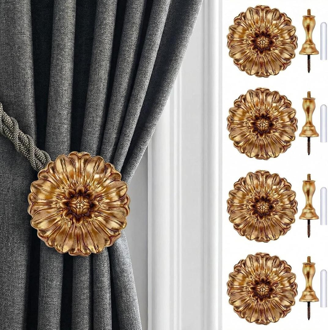 4 Pack Vintage Curtain Holdbacks Wall Mounted Medallion Curtain Tiebacks with Screws Flower Antique Gold Decorative Curtains Holders for Drapes Window Treatment Holdbacks