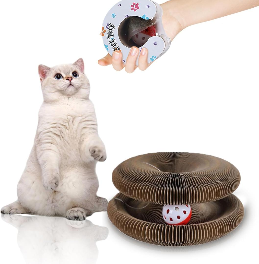 Kitty Curls Cat Toys,Magic Organ Cat Scratching Board for Indoor Cats, Foldable Accordion Honeycomb Scratcher with Ball, Interactive Twisty Paws (1PCS)