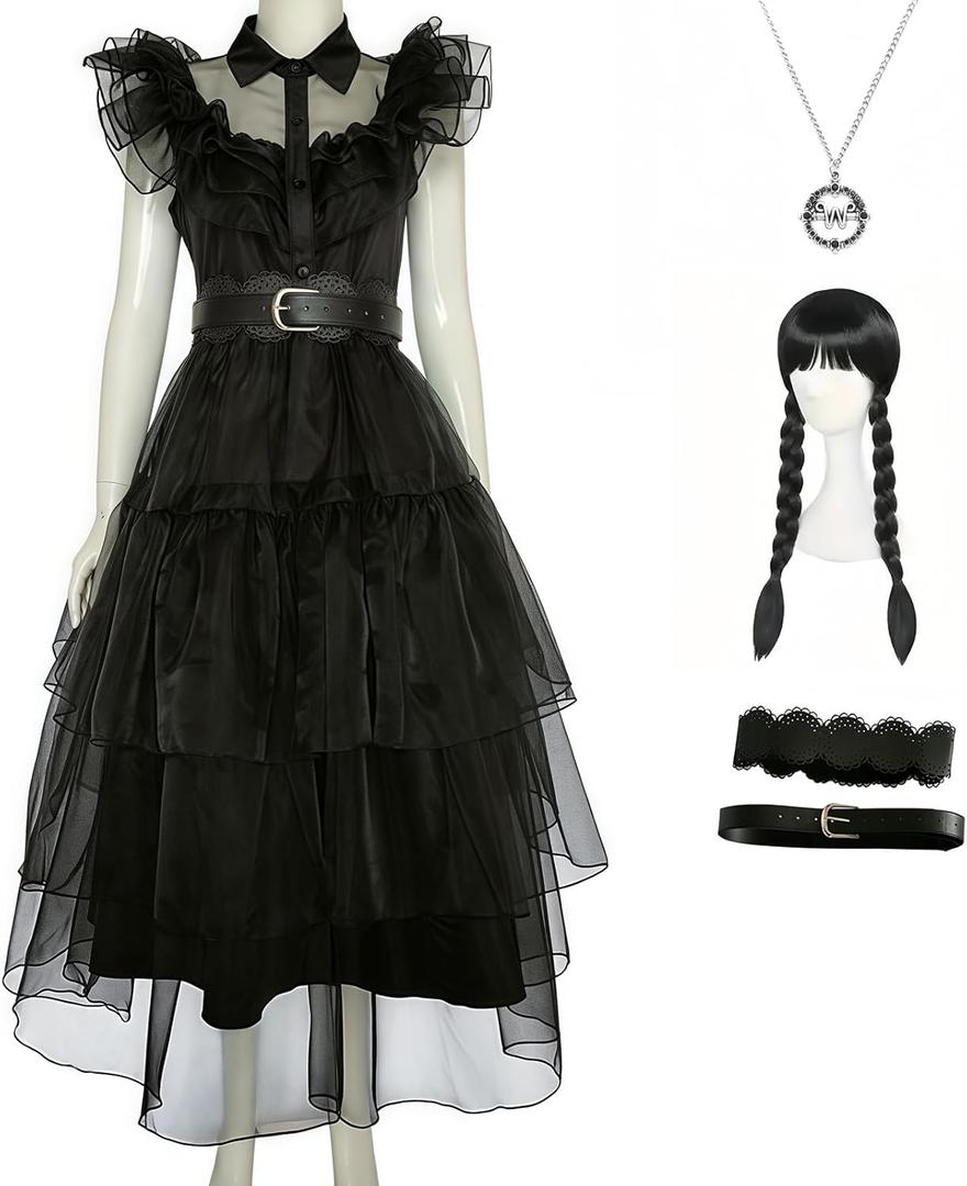 Halloween Women Black Gothic Tulle Cosplay Dress Party Ruffle Layered Prom Dance Costume Belt Necklace (XX-Large)