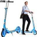 Scooters for Kids 8-12, Teens & Adults - Lightweight, Foldable, 8-Inch Big Wheels, Hand Brake & Bell, 4 Adjustable Height Levels, 240 lbs Max Load, Perfect for School, Campus and Park Rides (Blue)