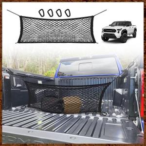 Muslogy Truck Bed Cargo Net Envelope Style Compatible with 2024 2025 Toyota Tacoma Accessories Elastic Mesh Bed Net Stretchable Cargo Organizer with Hooks and Stainless Screw Replacement, Color Black