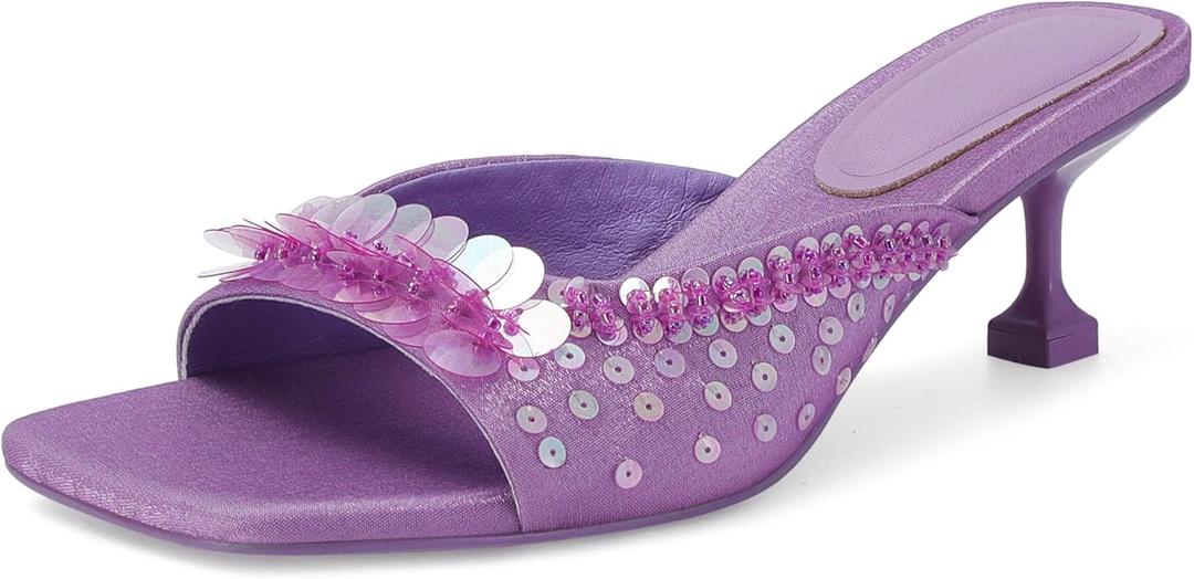 SOVANYOU Sequin Kitten Heels for Women Square Toe Heeled Mules Floral Open Toe Heeled Sandals for Casual Dress (8.5, Purple)