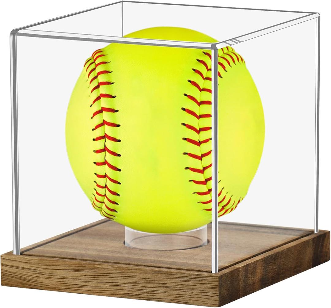 Clear Acrylic Softball Display Case with Wood Base, Memorabilia Stand Cube Holder, Dust Protection Transparent Storage Box for Single Ball Souvenir Softball Collections (1-Pack)
