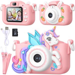 Kids Camera for 3-12 Year Olds | HD Dual Lens Camera with 32GB Memory Card, 2 Shockproof Silicone Cases, Educational Games, MP3 Player, Video Recorder & Fun Filters | Gift for Boys Girls (Pink Unicorn)