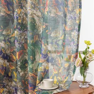 Vintage Floral Semi-Sheer Curtains Linen Textured for Living Room Patterned Green Painting Flower 84 inches Long Rod Pocket Light Filtering Window Drapes for Bedroom Dining 2 Panels