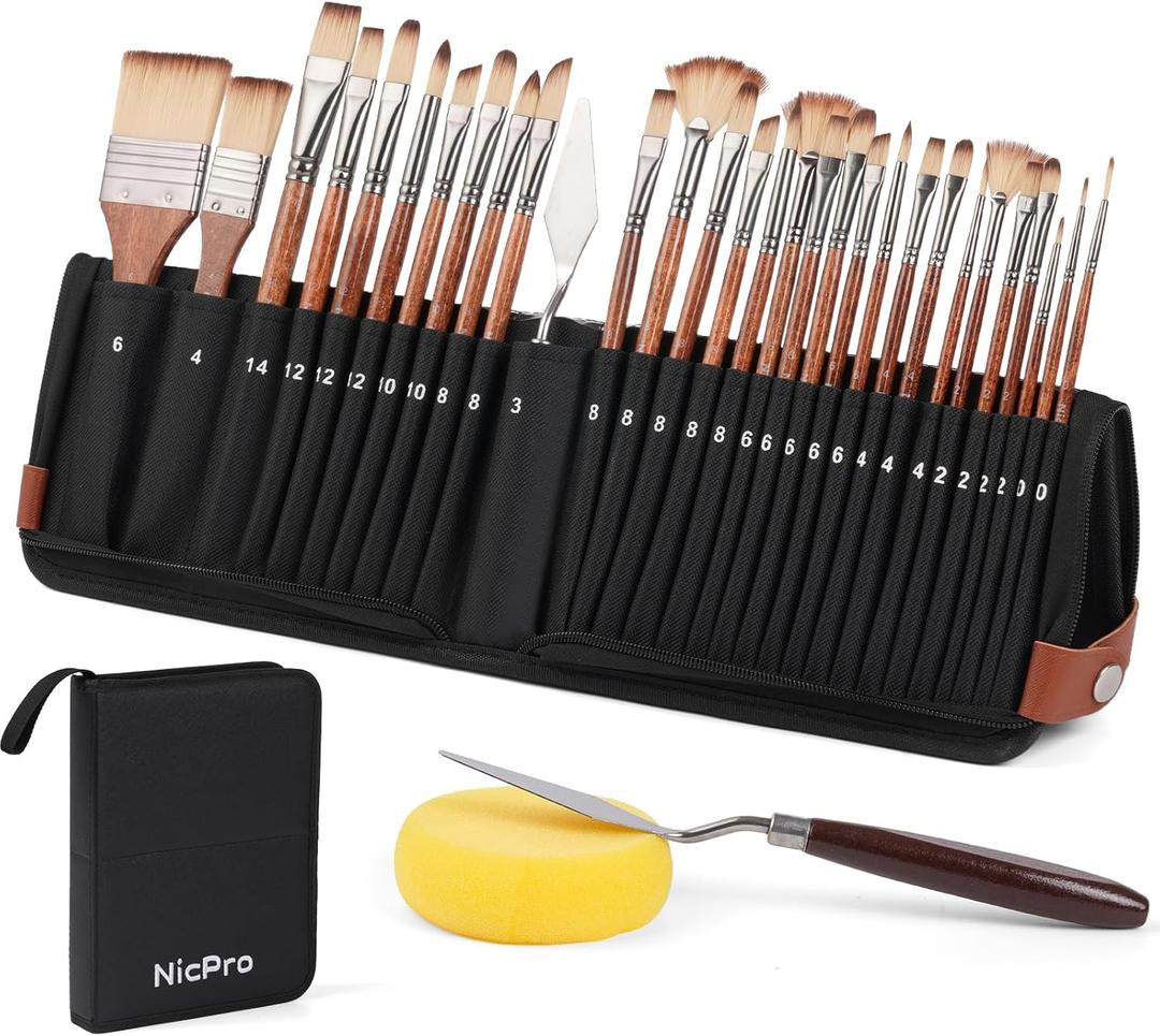 Nicpro 30pcs Paint Brush Set, Professional Paintbrushes with Paint Spatula & Self-Standing Case, Craft Paint Brushes for Acrylic Painting, Oil, Watercolor, Gouache, Art Supplies for Artists Beginners