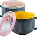 Oversized Soup Bowl with Handle, 38oz Microwave Ramen Bowl with Lid, Jumbo Soup Mug for Ramen, Noodle, Cereals, Soup Container with Lid, Dishwasher Safe - set of 2 (Gray) (Grey/Yellow 2 pcs)