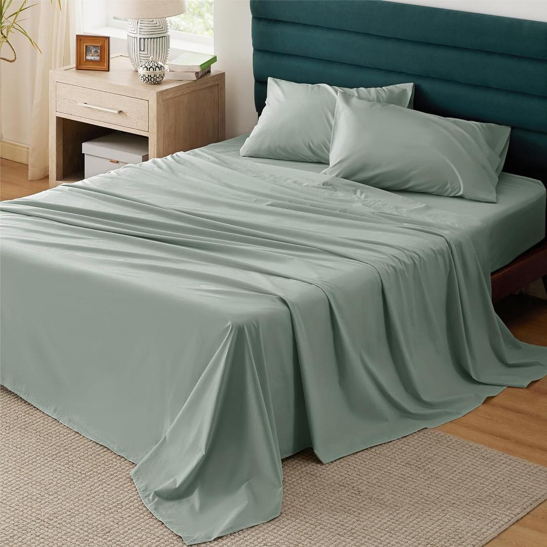 Bedsure 100% Cotton Percale Sheets Queen Size, Queen Sheet Set with Deep Pocket Up to 16 Inches, Breathable & Crirsp Soft, Bedsheet & Pillowcase Sets, 4 Pieces, Green (02 - Sage Green)