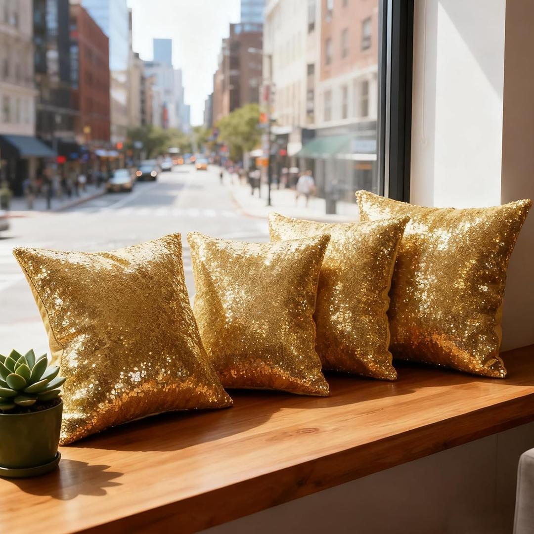 BSSN Gold Sequin Pillow Covers Set of 4-18x18 Inches Shiny Luxury Decorative Cushion Cases with Hidden Zipper Design for Home Dcor - Perfect for Sofa, Bed, Living Room, and Party
