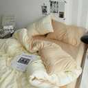 SRVEINE Solid Color 100% Washed Cotton Duvet Cover Set, 4-Piece Reversible Quilt Cover Queen Size, Soft Comforter Bedding Cover with Zipper Closure and 4 Corner Ties(Cream Color, Full)