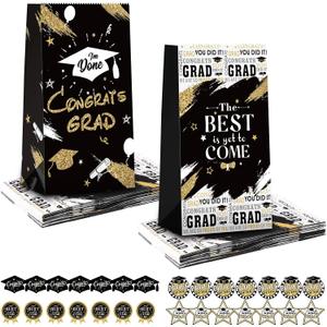3 x Teling 28 Set 2026 Graduation Gift Paper Bags with Stickers Congrats Grad Goodie Bag Thank You Candy Bags for Graduation Party Favor Decorations Supplies(Black and Gold)