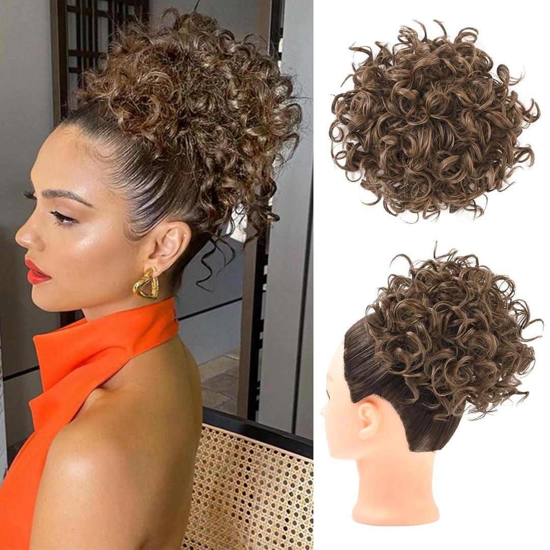 HOOJIH Curly Hair Bun, Messy Bun Hair Piece Elastic Drawstring Loose Wave Large Bun Extension Hairpiece Short Synthetic Ponytail Extension for Women - Dark Golden Brown (1 Pack)