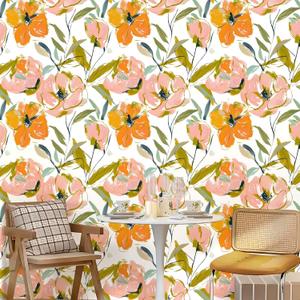 Floral Peel and Stick Wallpaper, Peony Renter Friendly Contact Paper for Cabinet, Shelf Liner and Drawer, Boho Removable Accent Wall Decor for Kitchen and Bathroom, White/Pink/Orange, 17.5 x 118