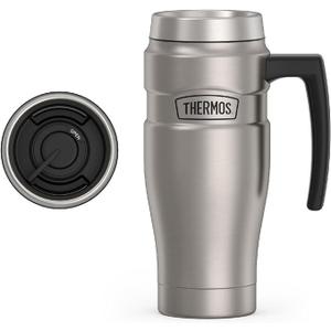 THERMOS Stainless King VacuumInsulated Travel Mug with Handle  16oz, Matte Steel  Thermos Tumbler for Hot & Cold Drinks  LeakProof & SweatProof Stainless Steel Coffee Mug with Lid for Commuting