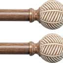 Wood Curtain Rods for Windows: 1 Inch Diameter Adjustable Drapery Rods 48" to 86", 2 Pack Heavy Duty Window Rod with Imitation Wood Grain Leaf Pattern Finials (48"-86"|2 PACK, Brown)