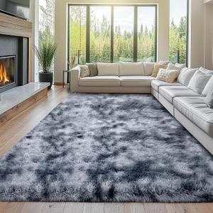 Shag Area Rug Grey: Large Modern Shaggy Rugs for Living Room - Fluffy Indoor Floor Carpets, Tie-Dyed Dark Grey, 9x12 Feet