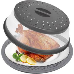 12 Large Microwave Splatter Cover & Silicone Mat,12 Inchs Vented Collapsible Guard dish Plate lid & Round Kitchen mat for food